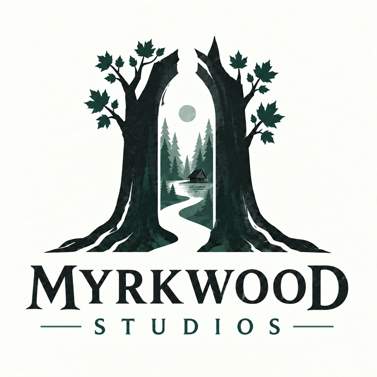 Myrkwood Studios: trees frame a moonlit forest, cabin, and winding river